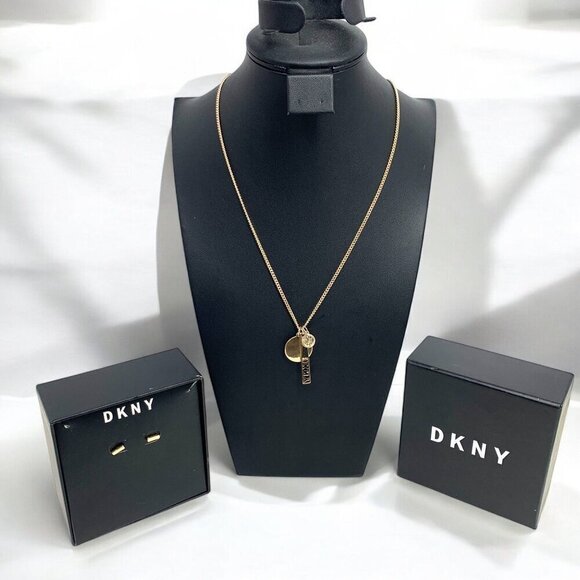 Dkny Gold Tone Necklace & Earrings Set 16" With 3" Extender NWT - Picture 6 of 11